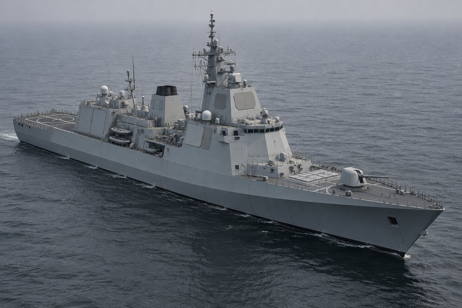 The reference picture: a grey guided-missile cruiser at sea, seen from the front three-quarter