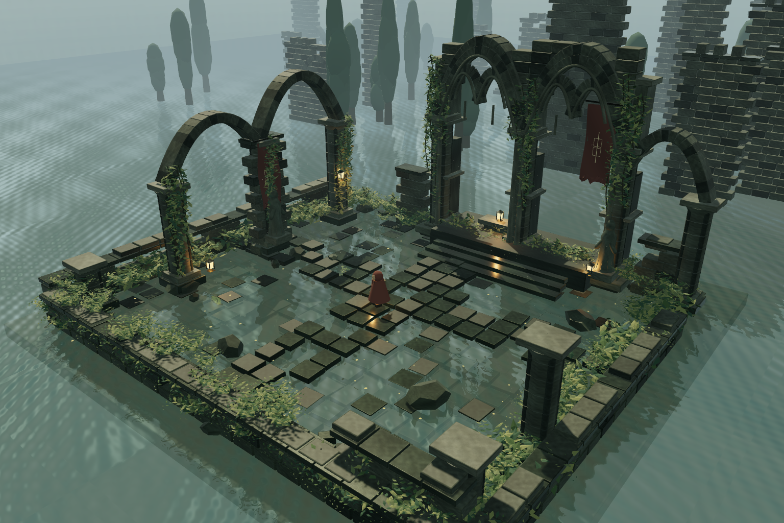 Arm A final browser render: flooded court with gothic arcades and a traveler