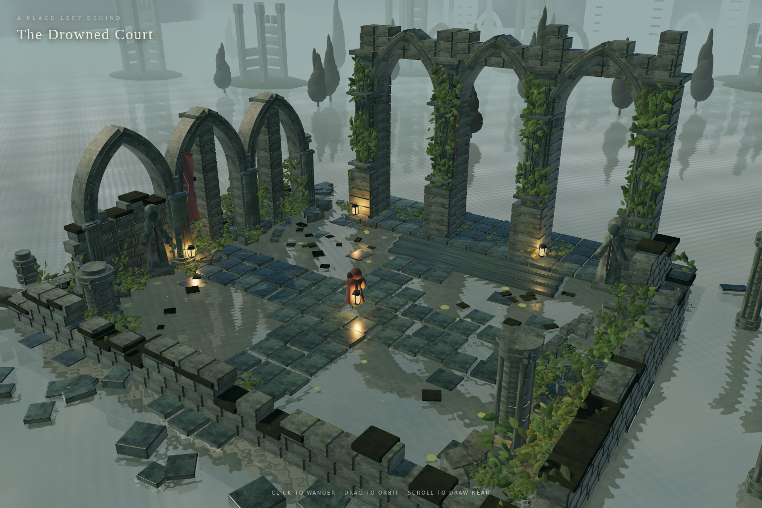 Original solo Astra final scene: textured Gothic stonework, a red traveler and warm reflections