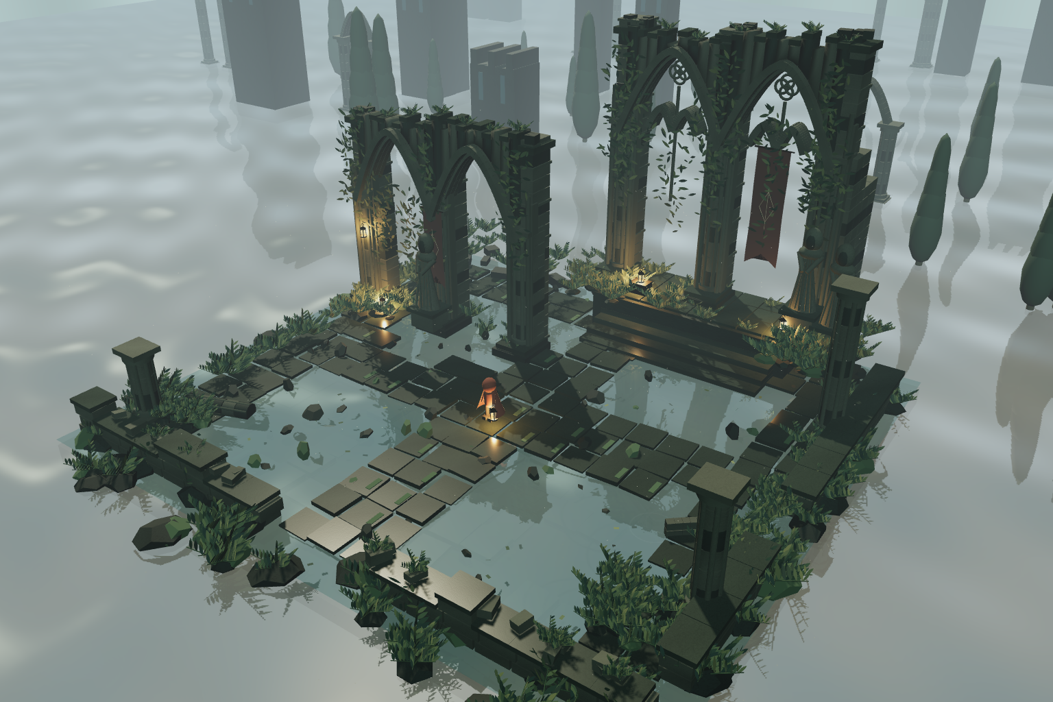 Lane C final browser render: flooded gothic courtyard with arches, vegetation and a lantern traveler