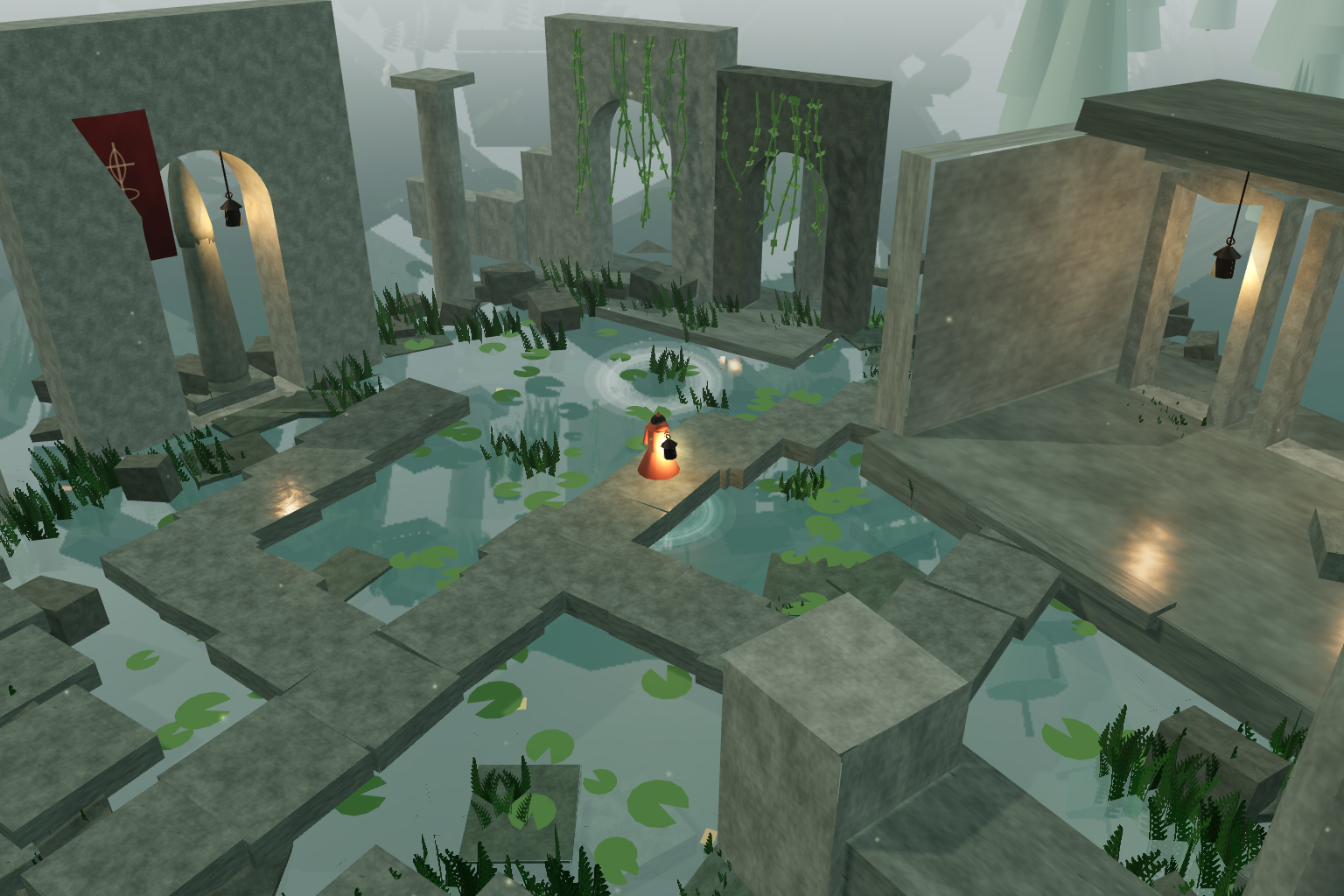 DeepSeek final browser scene: plain stone arch walls, flooded slab paths, reeds and a red lantern traveler