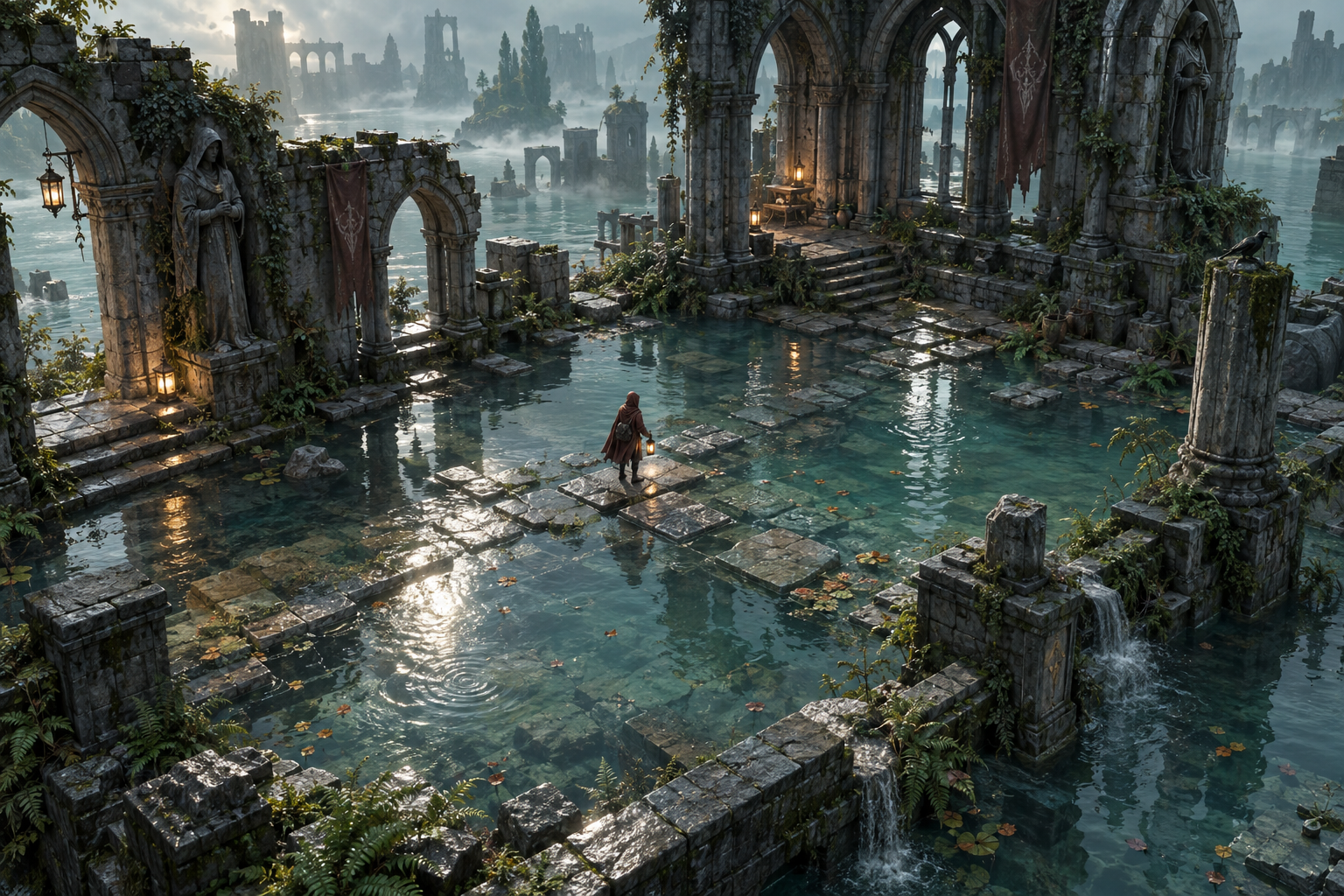 Reference: a red-cloaked traveler crossing a flooded, overgrown gothic courtyard